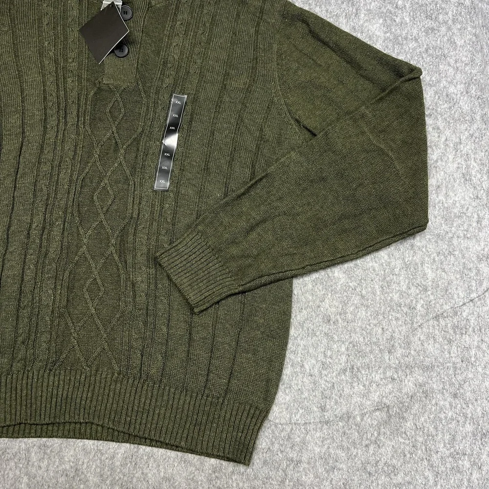 Tricots St Raphael Sweater Mens 2XL Green Cable Knit‎ Mock Neck Button Pullover